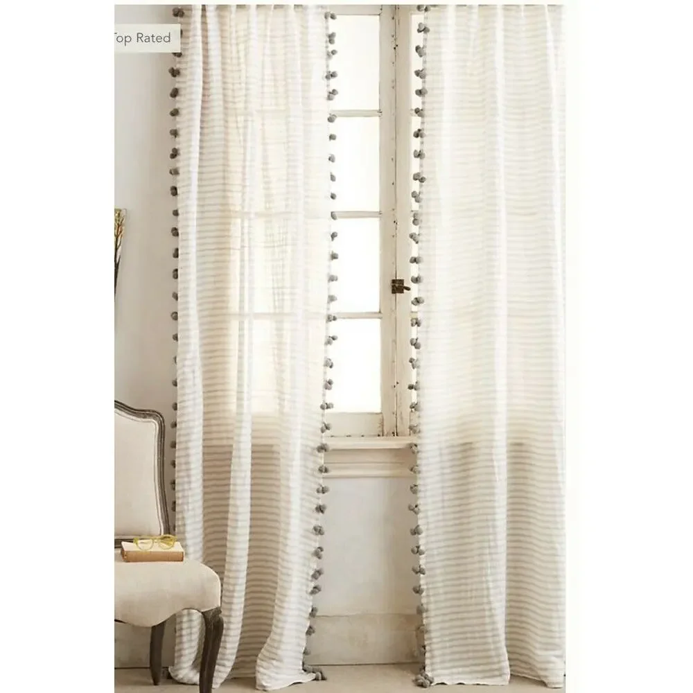 Anthropologie Pom Tassel Curtain Gray single 50 x 84 NEW